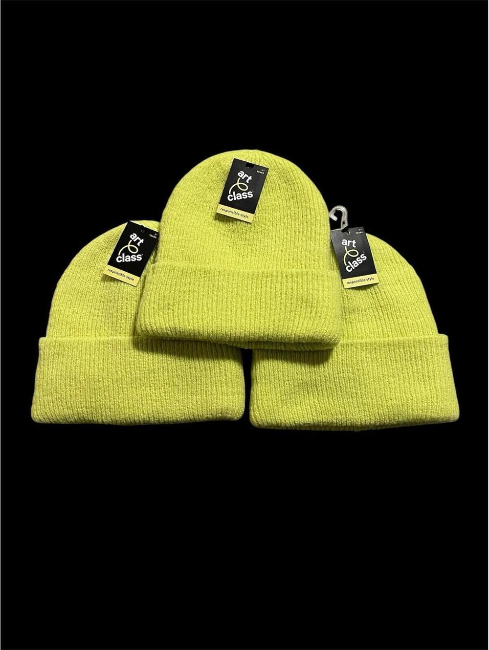 NEW 3 PACK ART CLASS YELLOW NEON BEANIES ONE SIZE  FITS MOST